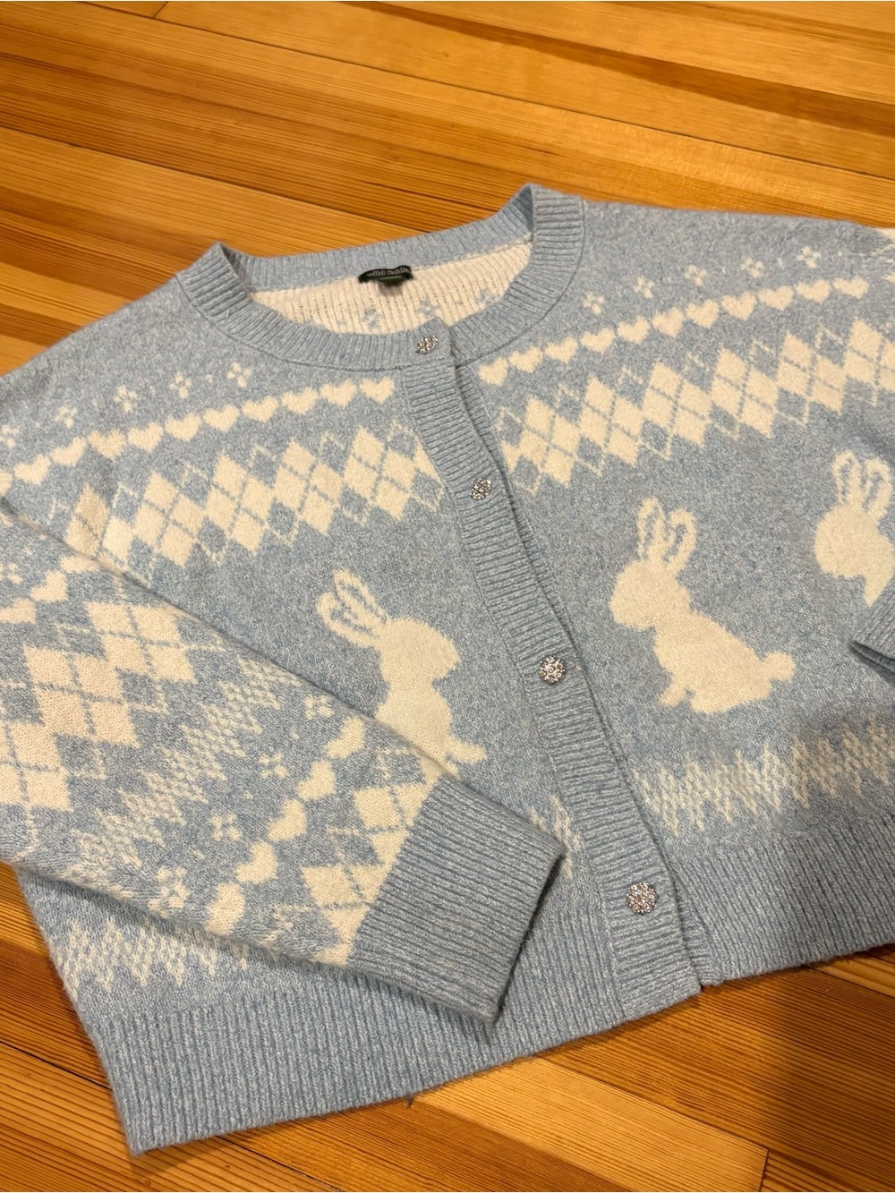 Light Blue Bunny Pattern Women's Cardigan Sweater